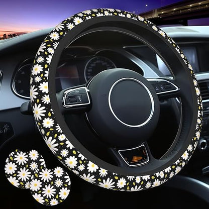 Beautiful Daisy Steering Wheel Cover Cute Daisy Steering Wheel Cover Floral Breathable Universal for 15 Inch Anti-Slip Car with 2 Pieces Car Coasters Suitable for Men Women Daisys - color: Beautiful Daisy