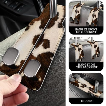 PU Leather Car Seat Hook, Storage Headrest Hanger, Cute Car Backseat Organizer, Car Hooks For Purses and Bags Cowhide Brown White - color: Cowhide Brown White