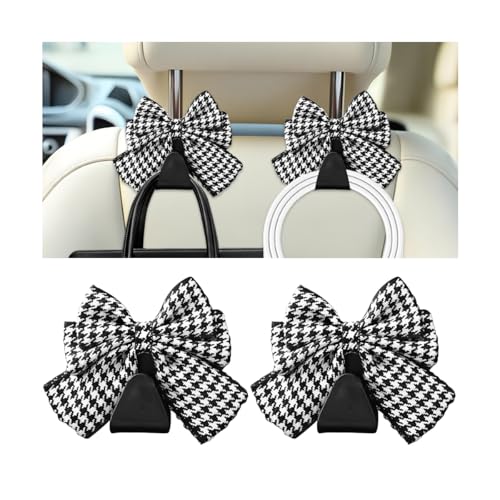 Cute Bow Car Seat Headrest Hooks, 2PCS Multifunctional Vehicle Rear Seat Hanging Hooks, Automotive Interior Seatback Storage Organizer for Purses Bags, Universal Fit (Black/Houndstooth) - color: Black/Houndstooth