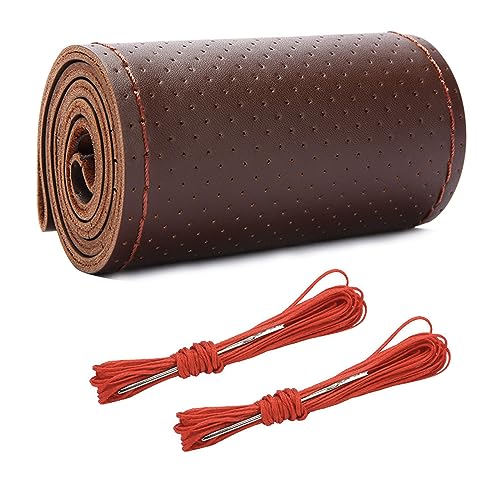Wevdn Genuine Leather Steering Wheel Cover, Stitch on Wrap, DIY Sewing Steering Wheel Protector, 15 Inch Breathable Non-Slip Steering Wheel Protector, Car Accessories (Coffee, Full Hole) - color: Coffee, size: Full Hole