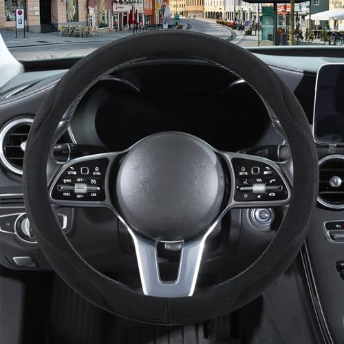 14 inch Black Suede Steering Wheel Cover, Breathable Non-Slip Sweat-Proof Wear-Resistant No Pilling, Warm in Winter and Cool in Summer - color: Black, size: Round-S[13.5''-14'']