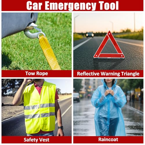 Car Roadside Emergency Kit, Car Safety Kit Portable Vehicle Kits for Emergency with Jumper Cables, Tow Straps, Safety Hammer, Black