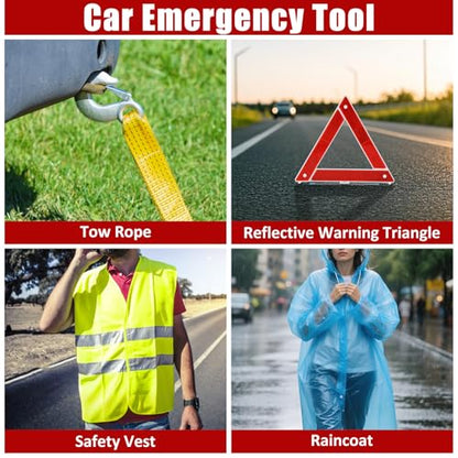 Car Roadside Emergency Kit, Car Safety Kit Portable Vehicle Kits for Emergency with Jumper Cables, Tow Straps, Safety Hammer, Black