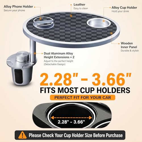 Car Food Tray & Car Table Tray with Car-Grade Aluminum Cup Holder & Phone Stand, Premium Wood with Leather Surface, 360° Rotating Car Desk for Laptop &Eating (Round, Black&Grey) - color: 𝗥𝗼𝘂𝗻𝗱 · Grey&Black