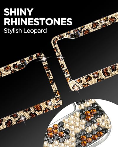 Leopard License Plate Frame 2 Pcs, Stylish Handcraft Rhinestone Diamond & Aluminum Chrome Body, Standard Durable Bling License Plate Frames Covers for Women, 4 Crystal Caps with Screw