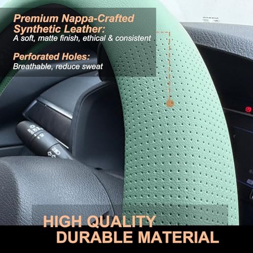PINCTROT D Shaped Nappa Leather Steering Wheel Cover, Slim Fit No Bulk Design, One Piece Leather with Breathable Perforation, Fit Like Gloves, Flat Bottom 14.5-15 Inch(Nappa Mint) - color: 09.Mint, size: D Shaped/Flat Bottom[14 1/2''-15'']