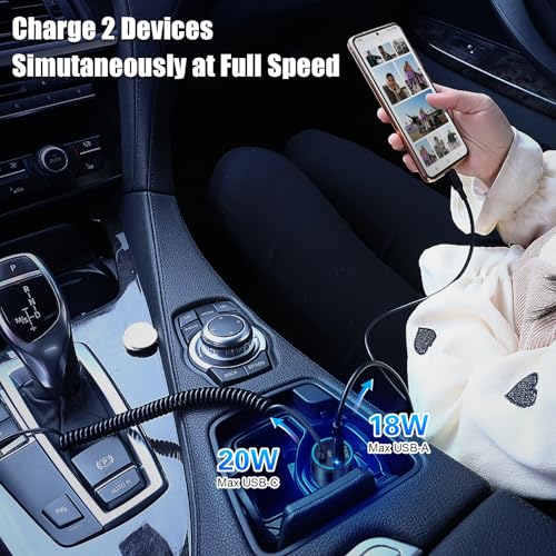 USB C Car Charger, 38W Dual Ports USBC & USB-A Cigarette Lighter Adapter Fast Charging Phone Plug with Bulit-in 1.2m Coiled Cable for iPhone 17 Pro Max,16,16e,15, 14, 13, Galaxy S25, S24, Pixel 7 - color: 1-Pack Black