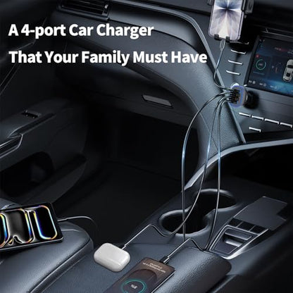 USB C Car Charger, Meagoes 4 Ports 90W Super Fast Charging, Dual 45W USBC & QC3.0 USB 12V Cigarette Lighter Adapter for iPhone 17 Air 16 15 iPad Tablet Google, Samsung S26 Android Type C Cell Phone