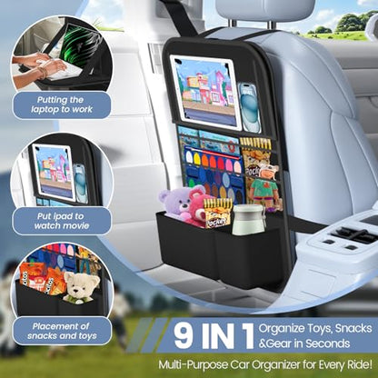 Car Backseat Organizer with table Tray, 9 Storage Pockets Backseat Car Organizer with Tablet Holder, Back seat Organizer for Kids Road Trip Essentials Travel (1Pack) - style: 1Pack with Food Tray-Black