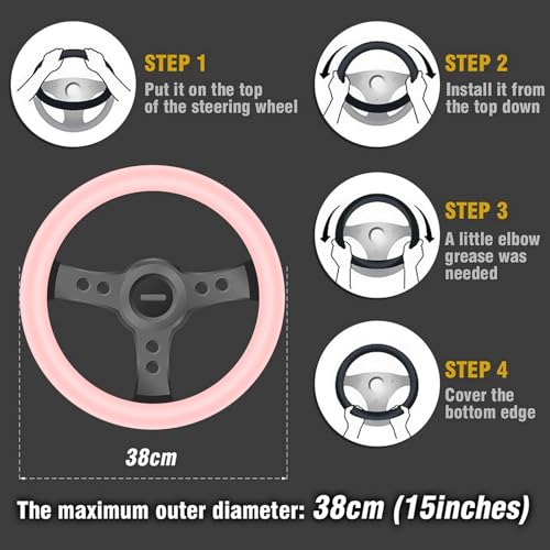 ZHOL Light Pink Steering Wheel Cover, Breathable Microfiber Leather Anti-Slip Cute Car Steering Wheel Cover for Women, Warm in Winter and Cool in Summer, 15 Inch - color: Round-Pink
