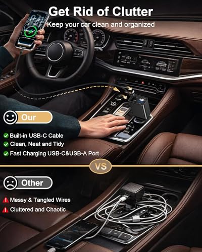 Retractable Car Phone Charger for Samsung S26 S25 Android, 4 in 1 Fast USB C Car Charging Adapter with 2 Flexible USB C Cable, USBC Cigarette Lighter Gift for Men Car Gadgets Electronics Accessories - color: Reatractable Car Charger-Black