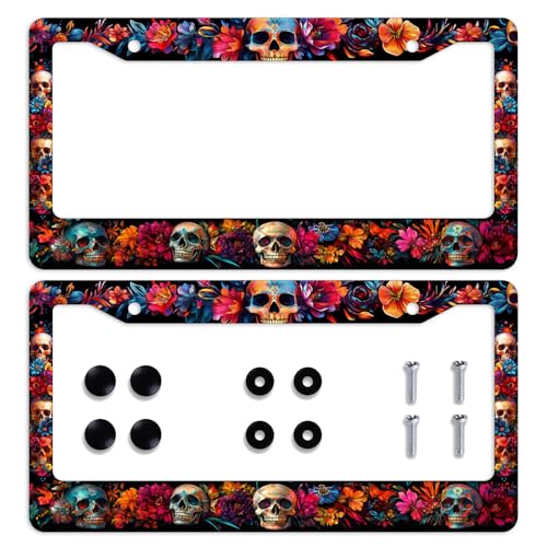 2 Pcs Skull Car Front License Plate Frame Bloom Neon Floral Day Dead Halloween Personalise License Plate Frames Stainless Steel Metal Car Plates Tag Funny Decor Men Women 6 X 12 Inch with Screws - color: Bloom Neon Floral, size: 6"L x 12"W(2PC)