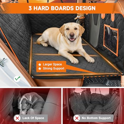 Dog Car Seat Cover for Back Seat, 600D Heavy Duty Hard Bottom Back Seat Extender for Dogs, Waterproof Scratchproof Nonslip Dog Hammock with Mesh Window, Universal Fit for Cars Trucks SUVs