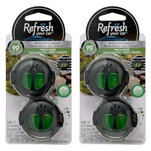 Refresh Car Air Freshener Vent Clip and Mini Car Oil Diffuser, Long-Lasting Odor Eliminator for Up to 90 days, 2 Packs (Pine & Moss)