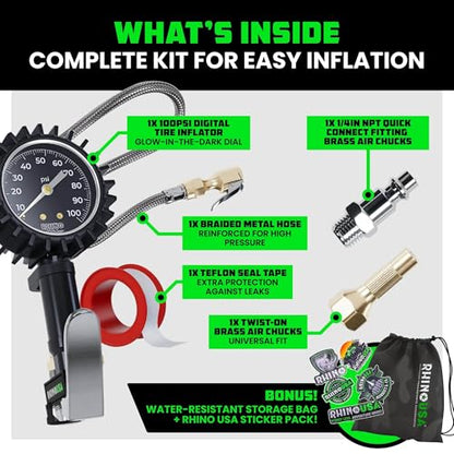 Rhino USA Tire Pressure Gauge with Inflator (0-100 PSI) - Heavy Duty Air Chuck and Compressor Accessories with Stainless Braided Hose, Large Analog Dial and Solid Brass Hardware for Truck and RV - style: 100psi Analog