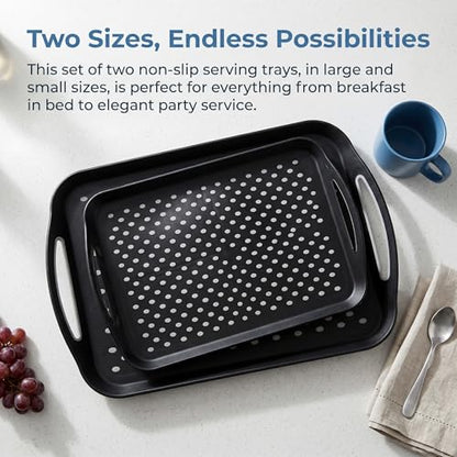 TOPZEA 2 Pack Non Slip Serving Trays with Handle, Plastic Cafeteria Fast Food Serving Tray, School Lunch Tray Rectangular Server Trays for Breakfast on Bed, Coffee Table, Car, Black