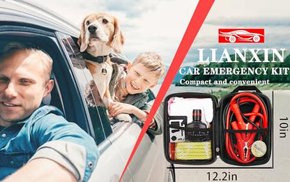 LIANXIN Car Roadside Emergency Kit, with Jumper Cables Automotive Kit,Car Safety Roadside Assistance Kit Headlamp,Tow Straps, Multi-Function Blades, Rainwear, Gloves.Blue - color: Blue