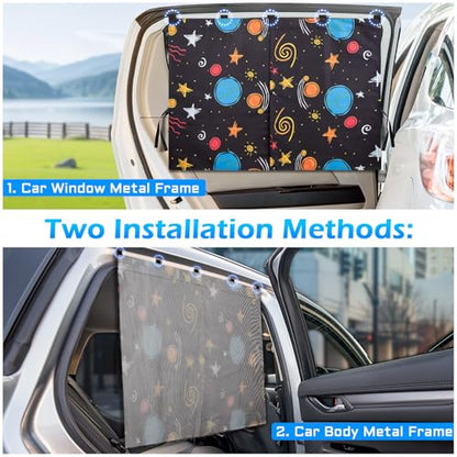 Car Window Shades, 2 Packs Magnetic car Sun Shade for Baby, Double Layers Magnetic Colourful Space Pattern for Full Covers/Half Shade Options, Window Curtains for Heat/UV Protection Sun Block Covers - color: Colourful Space
