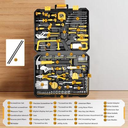 GRENPRO 218 Piece Tool Kit for Home, Tool Box with General Household Hand Tools Set, Herramientas with Screwdrivers, Wrenches, Hammer, Bow Saw, Folding Work Lamp, Electric Pen and Other Basic Tool Kit - style: Yellow Hand Tool Set 218PC