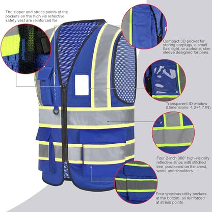 A-SAFETY Mesh High Vis Vest Lightweight Reflective Construction Vest with Pockets Safety Vest for Men/Women - color: Dz-blue, size: X-Small