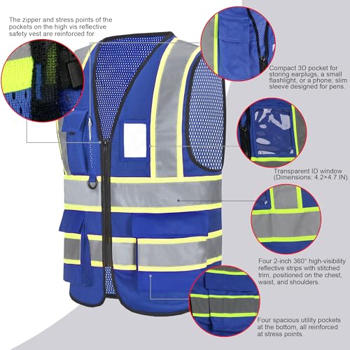 A-SAFETY Mesh High Vis Vest Lightweight Reflective Construction Vest with Pockets Safety Vest for Men/Women - color: Dz-blue, size: Small