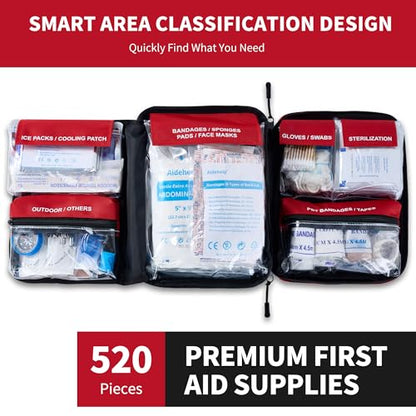 520 Pieces Premium First Aid Kit - Large Emergency Medical Kit for Survival, Car, Home, Travel, Camping, Backpack, Hiking, School (Red) - color: Red
