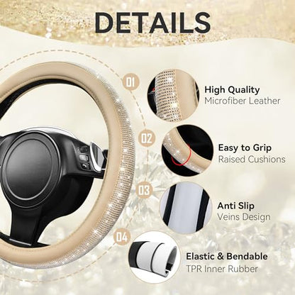 CAR PASS Bling Diamond Beige Leather Steering Wheel Cover, White Sparkly Crystal Glitter Rhinestones Universal Fit 14" 1/2-15" Car Wheel Protector for Women Girl Fit Suvs,Vans,Sedans,Trucks, Beige - color: Beige Leather