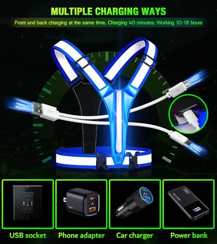 Led Light Up Running Vest Reflective Vest for runners night walking, Rechargeable Reflective Running Vest High Visibility - color: Bule