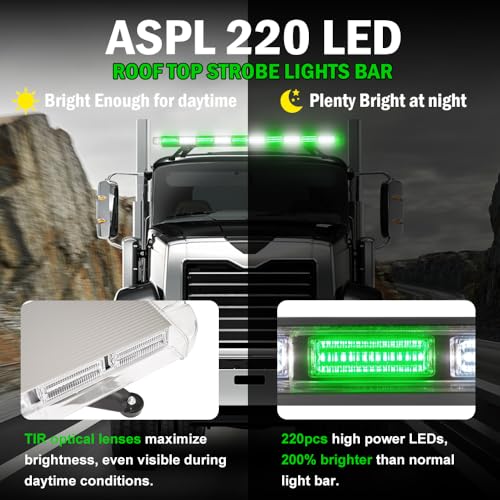 ASPL 46 inch 220 LED Rooftop Low Profile Strobe Light Bar Emergency Warning Beacon Car Hazard Flashing Construction Roof Lights Bars for Trucks Tow Automotive Construction Vehicle (Green/White - color: Green/White
