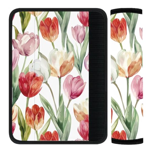 2Pcs Seat Belt Cover Pad 11 Inch Long Seat Belt Cushion Soft Comfort Strap Pad Auto Accessory Decoration for Car Truck SUV Bag Backpack Watercolor Style Tulip - color: Tulip