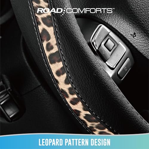 Road Comforts Steering Wheel Cover - Made with PVC Leather and Leopard Fabric - Universal 14 1/2 inches to 15 inches for Most Automotive Steering Wheel - Cheetah Print - Black - color: Round-Black