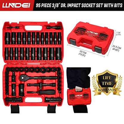 LLNDEI 3/8”Drive Impact Socket Set,Standard SAE(5/16 to 3/4-Inch) Metric Size(8-22mm), 95 Piece, CR-V Steel Deep&Shallow Kit, Adapters, Ratchet Handle, Screwdriver Bit Set, Spark Plug Socket, 6 Point - size: 95-Piece 3/8" Drive Impact Socket Set