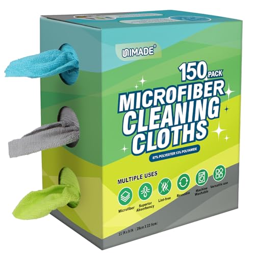 UNIMADE Microfiber Cleaning Cloth, 150 Pack Reusable Paper Towels Microfiber Towels for Cars Lint Free Washable Tissues Shop Rags with Dispenser Box for Home Kitchen Automotive, 11"x 9", Multicolor - color: Blue&green&grey