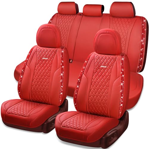 CAR PASS Nappa Leather Bling Diamond Car Seat Covers Full Set Universal Cushioned, Waterproof Heavy-Duty Anti-Slip Luxury Leather, Fit for SUV Sedan, Sparkly Glitter Shining Crystal Red Rhinestones - color: Red Diamond, size: Full Set