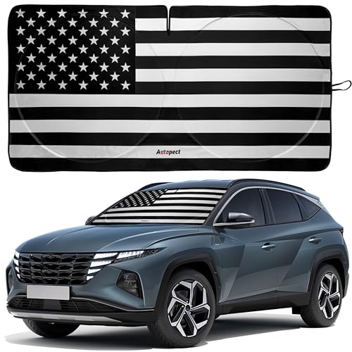 Autopect Windshield Sun Shade - American Flag Design, High-Resolution Sun Visor for Car, Truck, SUV with Mirror Cut-Out for Interior Sun Protection, Foldable Car Sun Shade (Black and White, Large) - color: USA B&W FLAG, size: Large
