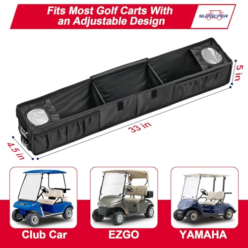 Golf Cart Front Storage Basket, No-Drilling Organizer Tray With Cooling Compartment & Insulated Cup Holders, Universal Storage Tray Fit for EZGO Club Car Yamaha Golf Carts (Black, 1680D Oxford Fabric)