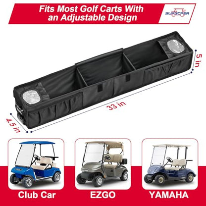 Golf Cart Front Storage Basket, No-Drilling Organizer Tray With Cooling Compartment & Insulated Cup Holders, Universal Storage Tray Fit for EZGO Club Car Yamaha Golf Carts (Black, 1680D Oxford Fabric)