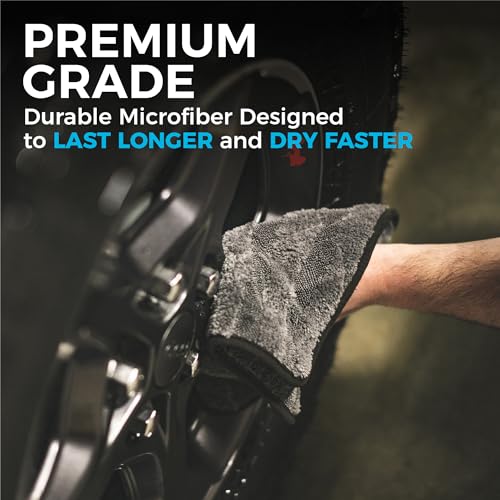 The Rag Company Gauntlet Car Drying Towel, Ultra-Absorbent 70/30 Blend Korean Microfiber, Dries Vehicles Faster Without Scratching, 900 GSM, 12x12 Inches, Ice Grey/Grey, 3-Pack - size: 12in x 12in