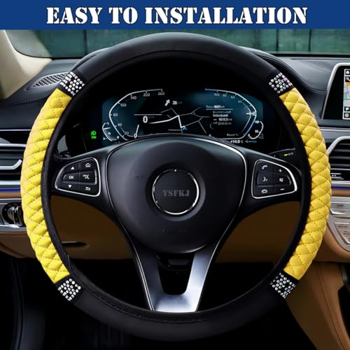 Soft Leather Car Steering Wheel Cover, Universal 15 Inch Colorful Rhinestones Anti-Slip Elastic Steering Wheel Covers for Most Cars, Sparkly Crystal Diamond for Women Girls (Yellow) - color: Yellow