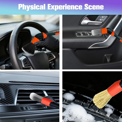 3PCS Car Detailing Brush Set, Ultra Soft Scratch-Free Boar Hair Detailing Brushes with Elbow, Auto Interior Exterior Cleaning Tool for Wheel Air Vent Leather Seat, Universal Fit (Red) - color: Red
