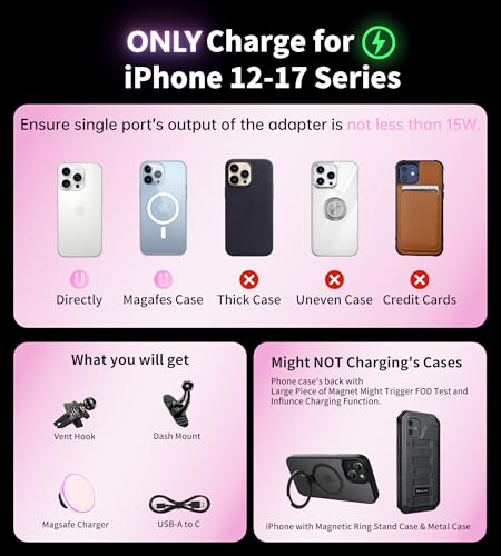 BHHB for Magsafe Car Mount Charger, [2026 Upgrade] 15W 2in1 Magnetic Wireless Car Charger, for Magsafe Car Charger, Vent/Dashboard Phone Holder, ONLY for iPhone 17 16 15 14 13 12 Series (Pink) - color: Pink