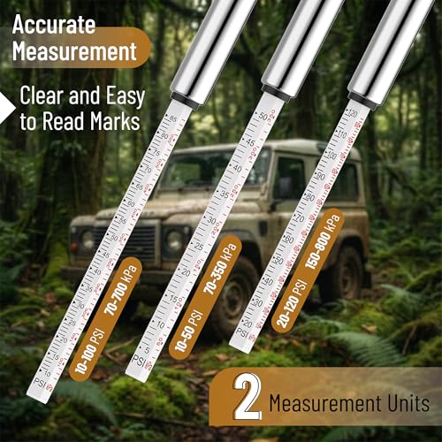 UNCO- Stainless Steel Pencil Tire Pressure Gauge, 3 Pack, 10-50PSI, 10-100PSI, 20-120PSI, Pencil Air Pressure Gauge for Tires with 16 Valve Caps - color: Silver, size: 3 Pack, 10-50 Psi, 10-100 Psi, 20-120 Psi