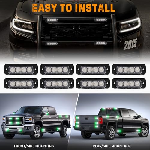 XRIDONSEN 8PCS Sync Grill Emergency Lights 32 LED Green White Firefighter Lights Grille Surface Mount Strobe Flashing Warning Safety Hazard First Responder Light for Vehicles POV Fire Fighter Trucks - color: Green/White