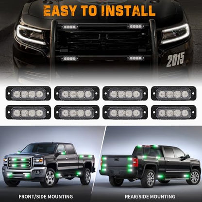 XRIDONSEN 8PCS Sync Grill Emergency Lights 32 LED Green White Firefighter Lights Grille Surface Mount Strobe Flashing Warning Safety Hazard First Responder Light for Vehicles POV Fire Fighter Trucks - color: Green/White