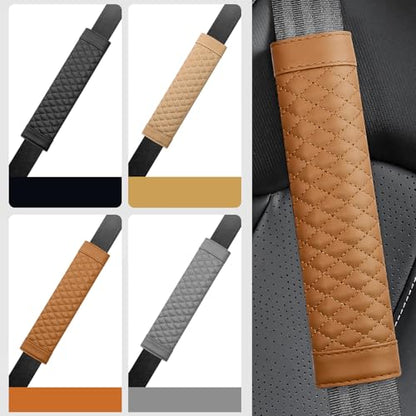 2PCS Car Seat Belt Cover Pad,Soft Leather Seatbelt Covers Breathable Seatbelt Cushion with Plaid Design,All Seasons Universal Car Interior Accessories Seat Belt Cover for Kids & Adults (Brown) - color: Brown