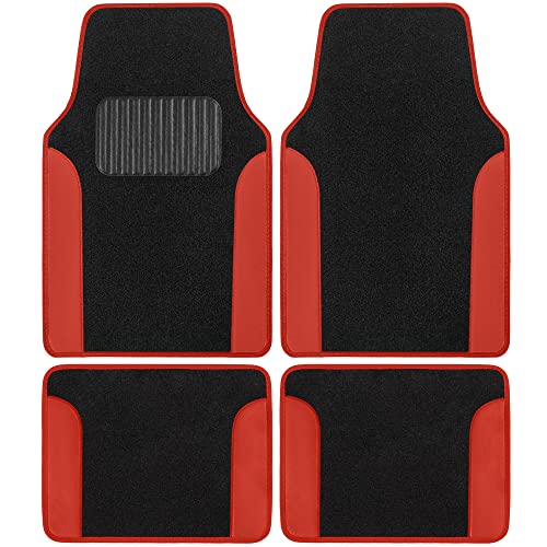 BDK Carpet Floor Mats for Cars, Two-Tone Carpet Car Mat with Faux Leather Accents, Automotive Floor Mat Sets with Built-in Heel Pad, Stylish Interior Car Accessories Red
