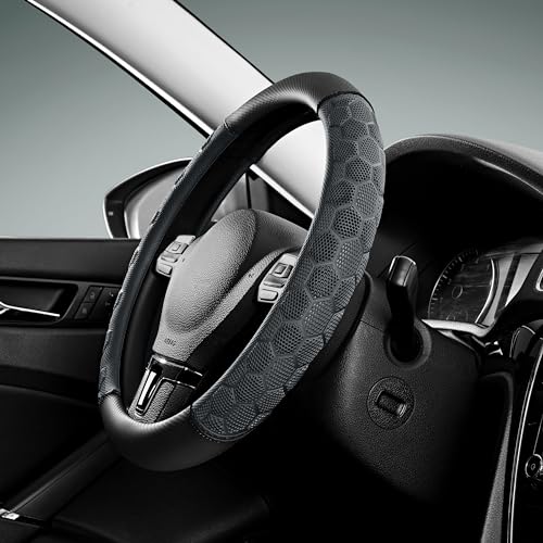 PIC AUTO Massage Steering Wheel Cover, Gray Football Pattern Material Spliced Leather Car Steering Wheel Protector, Car Interior Accessories, Universal Fit 14.5"-15.5" for Cars, Trucks, Van, SUV - color: Gray