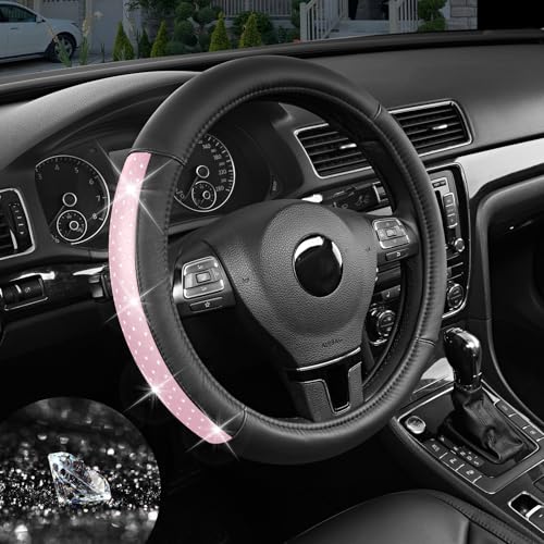 Road Comforts Bling Steering Wheel Cover for Women Girls, Sparkly Rhinestone Leather, Diamond Car Accessories, Anti-Slip Thick Soft Grip, Universal 14.5–15 Inch, for Her - color: Pink