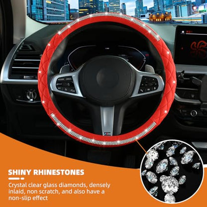 Diamond Steering Wheel Cover，with Bling Crystal Rhinestone, Delicate and Anti-Slip Sparkly Steering Wheel Cover ，Adaptable to 14.5-15 inches Car Wheel Protector for Women Girl，Car Accessories, Red - color: Red