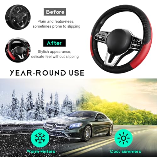 Car Steering Wheel Cover, 15 inch Carbon Fiber Microfiber Leather Elastic Steering Wheel Protector, Breathable Anti-Slip Comfortable Steering Wheel Covers for Most Cars (Black&Red, AD) - color: Black&Red, AD